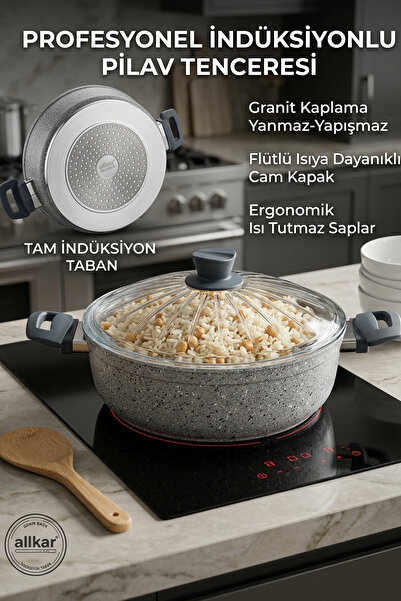 FİTHOME 26 cm Granit Pilav Tenceresi Cam Kapaklı İndüksiyon Uyumlu Yanmaz Yapışmaz – Geniş Tabanlı Orta Boy