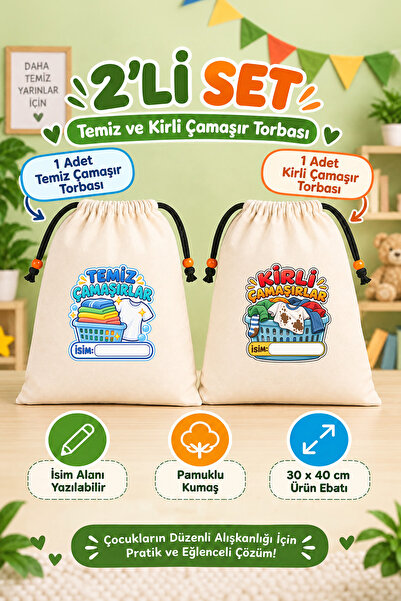 yibucraft Kreş ve Anaokulu Temiz Çamaşır Kirli Çamaşır Torbası 2'li Set 30x40...