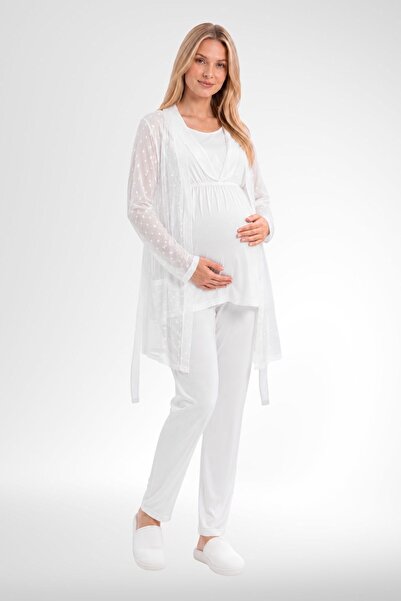 Mecit Pijama طقم بيجامة للحوامل من ميكيت 6406 مع رداء دانتيل إكرو