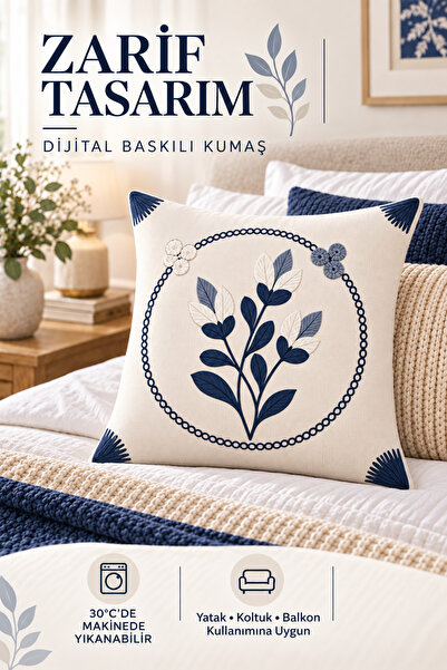 ELHAS Dijital Baskılı Punch Nakış Desenli Dekoratif Kırlent Kılıfı (1 Adet)
