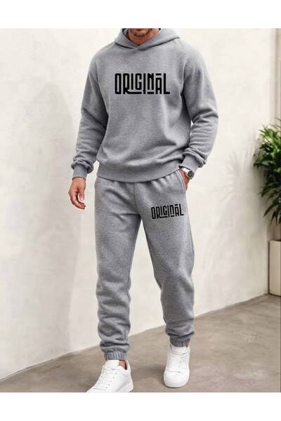 LELVANİ Men's Original Yazi Printed Top and Bottom Hooded Tracksuit Set