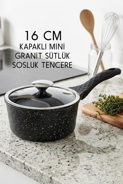 FİTHOME 16 cm Kapaklı Sosluk Sütlük Tencere Granit Cam Kapaklı Tek Saplı Küçü...