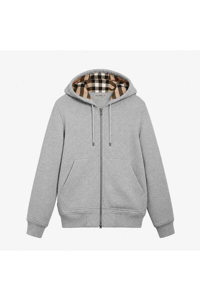 nomely Drip Ekose Desenli Fermuarlı Nakış Detaylı Hırka Zip Hoodie