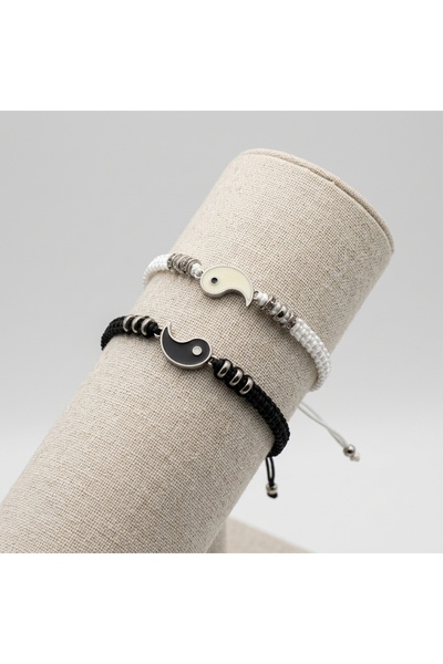 Prizma Concept Yin Yang Design Black and White Macrame Adjustable Couple and Lover Bracelet Set - Silver Color Metal Detailed Luck and Harmony Bracelet