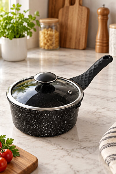 FİTHOME 16 cm Kapaklı Sosluk Sütlük Tencere Granit Cam Kapaklı Tek Saplı Küçük Tencere