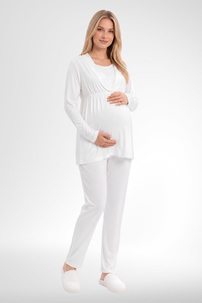 Mecit Pijama Mecit 6406 Ecru Lace Maternity Pajama Set with Dressing Gown