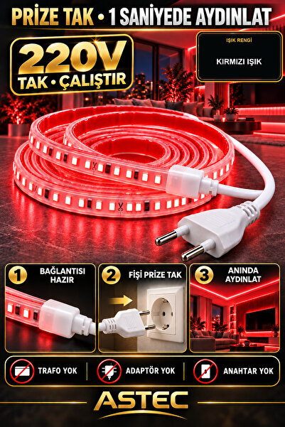 ASTEC Yapışkanlı 1 Metre Kırmızı 220V Silikonlu Şerit LED Yüksek Güç Tak Çalıştır İç Dış Mekân Su Geçirmez