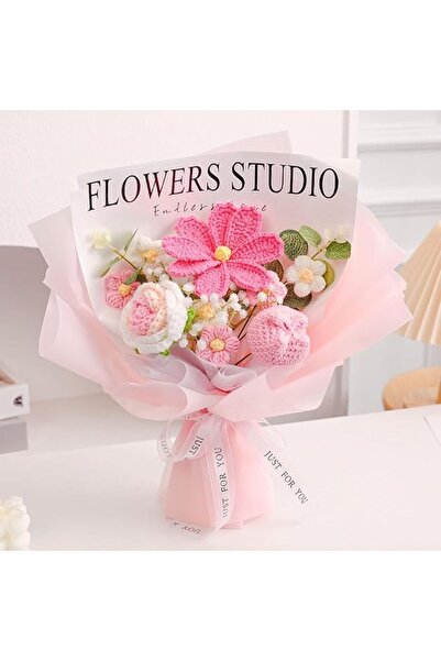 KASTWAVE Hand-Crochet Floral Bouquet Roses, Tulips Cosmos with Eucalyptus Hyp...