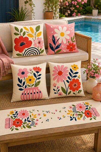 Nari Collections Bahar Çiçekleri 4’lü Kırlent Kılıfı + 1 Runner Seti – 43x43 ...