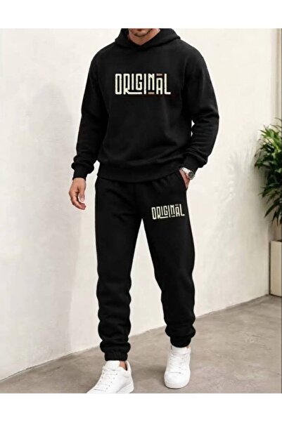 LELVANİ Men's Original Yazi Printed Top and Bottom Hooded Tracksuit Set