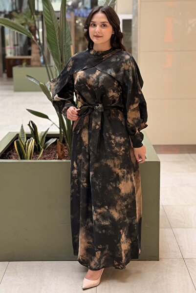 Nuss Cloud Pattern Vegan Silk Dress with Covered Shoulders