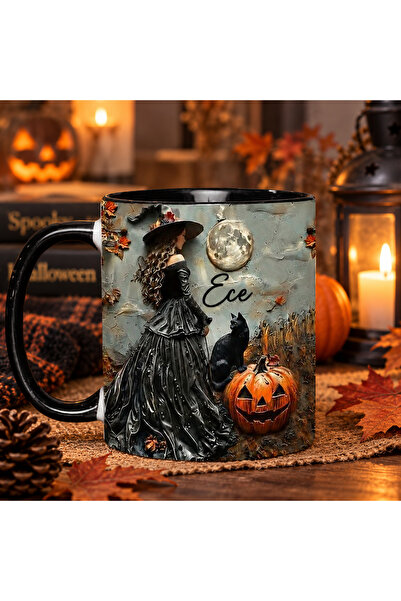 AION CASA Kişiye Özel İsimli Cadı ve Siyah Kedi Tasarımlı Halloween Konseptli...