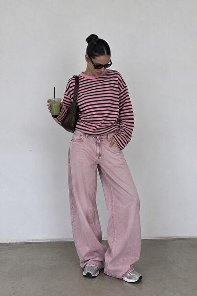 manicsellout Kadın Uzun Kollu Bisiklet Yaka %100 Pamuk Çizgili Pembe Oversize...