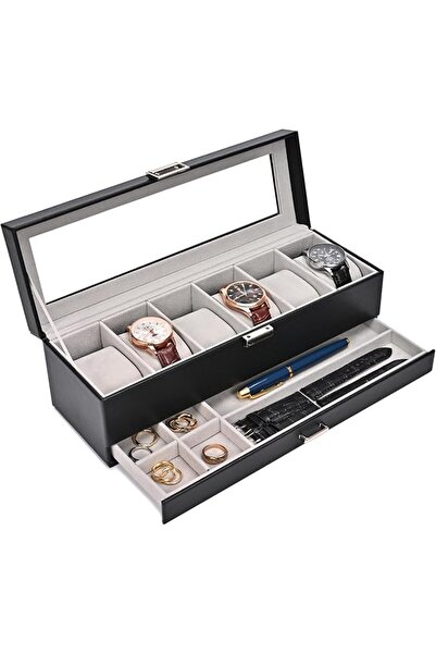 GENERAL Brookes Black Pu Leather Jewelry Organizer, Glass, 6-Slot