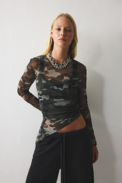 DeFacto Fitted Crew Neck Camouflage Patterned Tulle Long Sleeve T-Shirt I9390...