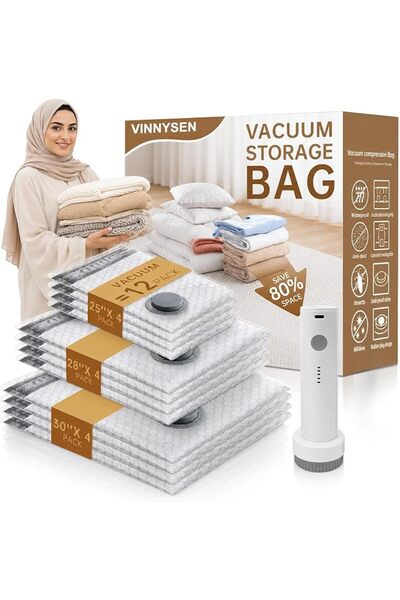 VINNYSEN 12-Pack Vacuum Storage Bags with Electric Pump, Reusable, 3 Sizes Va...