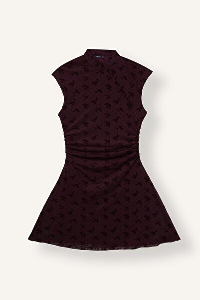 DeFacto Hakim Lapel Collar Gathered Floral Patterned Tulle Short Sleeve Mini ...