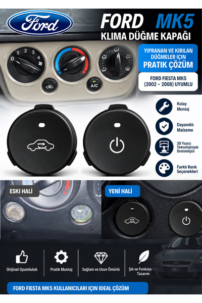 DEOZ Lab Ford Fiesta MK5 Klima A/C ve İç Hava Sirkülasyon Düğme Kapağı 2'li Set