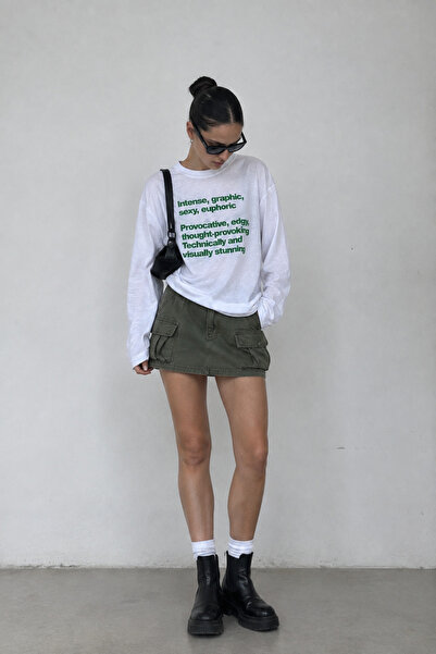 manicsellout Kadın Uzun Kollu Bisiklet Yaka %100 Pamuk Baskılı T-Shirt