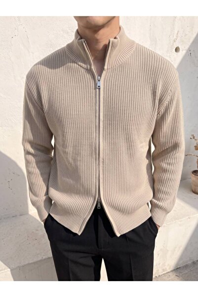 Gambocci Men's Knitted Patterned Double Zipper Cardigan