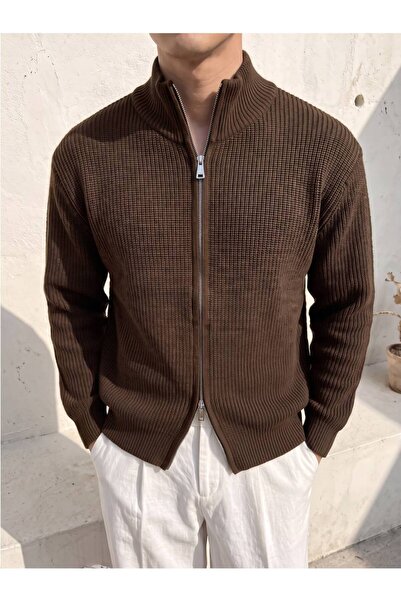 Gambocci Men's Knitted Patterned Double Zipper Cardigan
