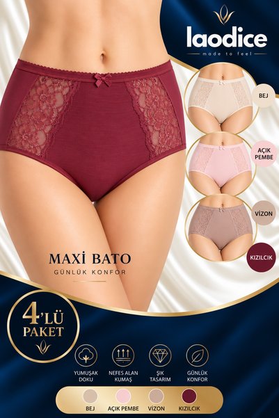 Kadın Dantelli Bato Külot 4’lü Paket Bej Açık Pembe Vizon Kızılcık Yüksek Bel Esnek İç Giyim