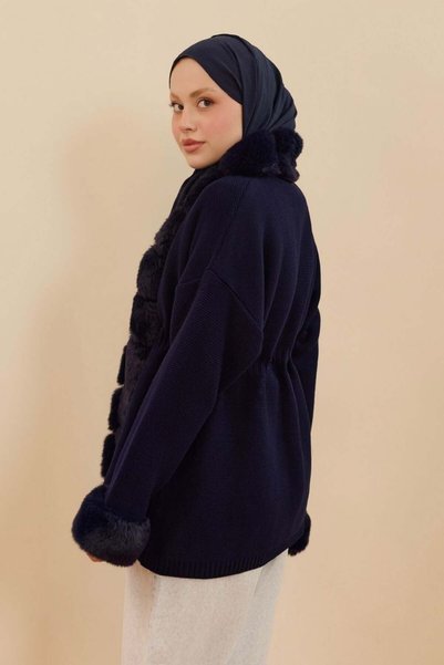 Şule Giyim Jessi Fur Knitwear Jacket Navy Blue