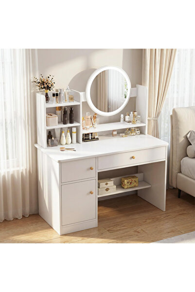 GGEROU White Dressing Table with LED Light Mirror, Multi Drawers & Open Stora...