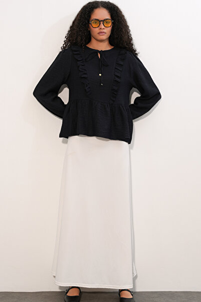 Modamorfo Women's Ruffled Lace-Up Blouse 999 - Black