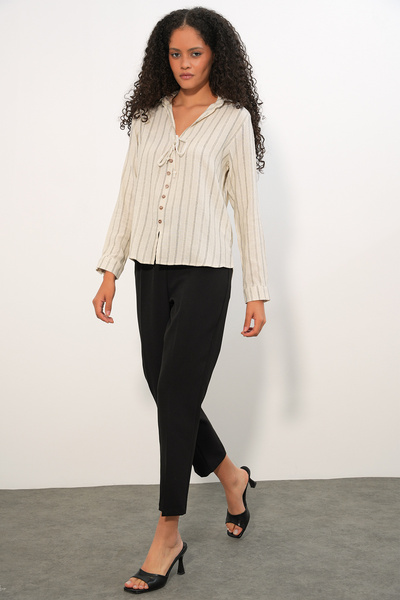 Modamorfo Women's Lace-Up Striped Linen Shirt 995 - Cream