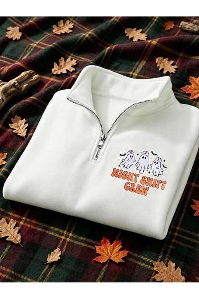 Mythologie 3 Thread White Night Shift Crew Half-Zip Sweatshirt - Printed Oversized Stand Collar