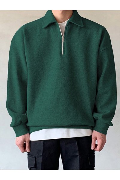 Mythologie 3 İplik Nefti Green Basic Plain Half-Zip Sweatshirt - Oversize Stand-Up Collar
