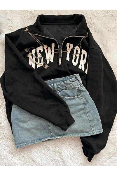 Mythologie 3 Thread Black New York Half-Zip Sweatshirt - Printed Oversize Sta...