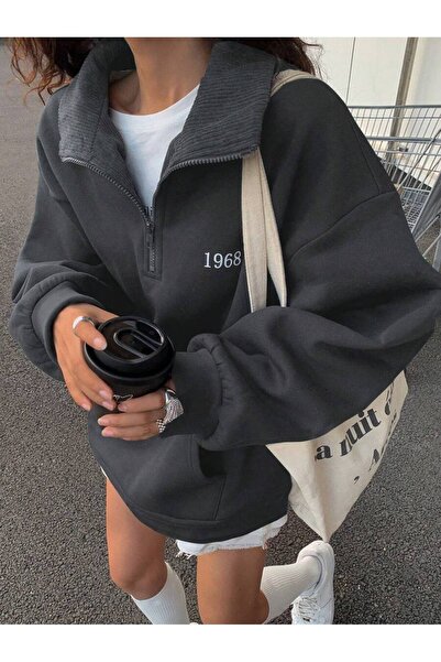 Mythologie 3 İplik Füme 1968 Half-Zip Sweatshirt - Printed Oversize Stand-Up ...