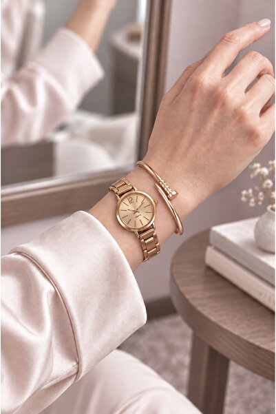 Geneva Kadın Rose Gold Kol Saati ve Çivi Biçimli Bileklik Seti