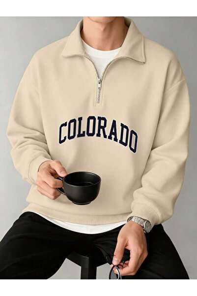 Mythologie 3 Thread Beige Colorado Half-Zip Sweatshirt - Printed Oversized St...