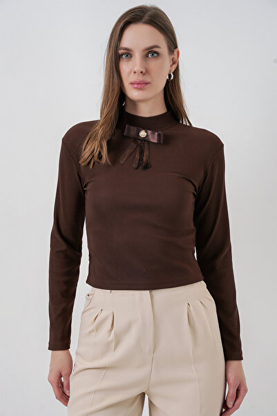 Modamorfo Women's Ribbon Detail Long Sleeve Blouse 977 - Brown