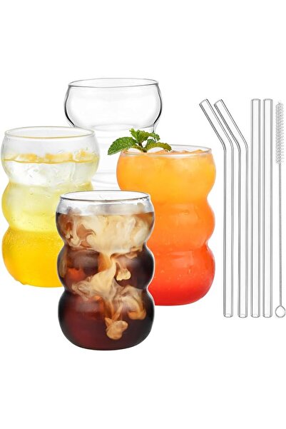 jaffiust 18.6 oz Drinking Glasses Straws and Wave Shape Bubble Glass Cups Set...