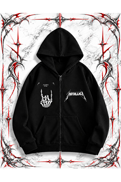 dompulerimoda Metallica Rock Skate Oversize Zippered Black Unisex Hooded Card...