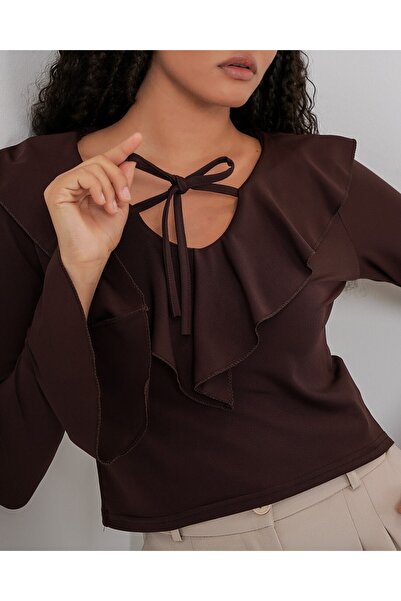 Modamorfo Women's Long Sleeve Crop Blouse 979 - Brown