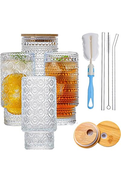 Goodern Glasses Cups Set with Bamboo Lids Straws Brush,320ML Iced Coffee Glas...