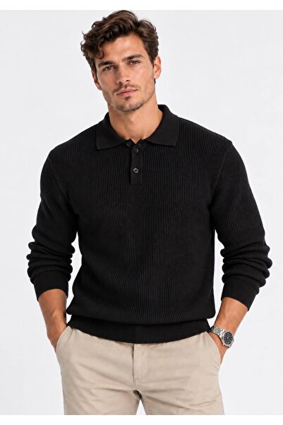 ModaYaren Polo Collar Buttoned Slim Fit Striped Knit Sweater