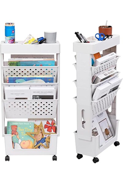 GENERAL 5-Tier Rolling Book Cart, Outdoor Sliding Storage Organizer Tower, Na...