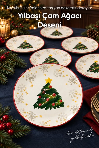 Vienev 6'lı Süslü Yılbaşı Çam Ağacı Desenli Pasta Tabağı 19 cm Tatlı Sunum Servis Tabağı Kırmızı Beyaz 6 Kişilik
