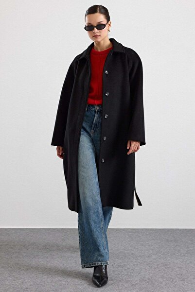 Olcay Shirt Collar Oversize Medium Length Coat Black 3194