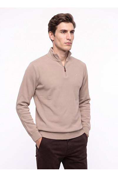 Mustang Bej Erkek Fermuarlı Basic Nakışlı Sweatshirt M6WM-SWT1591