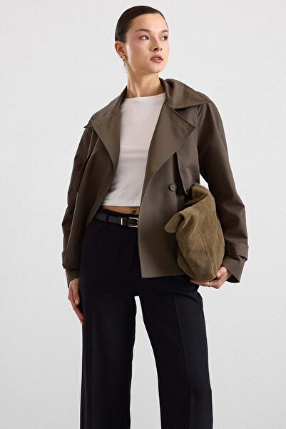 Olcay Cape Detailed Raglan Sleeve Water Repellent Short Trench Coat Haki̇ 6908