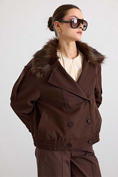 Olcay Removable Fur, Elastic Waist, Water Repellent Short Trench Coat K. Brow...