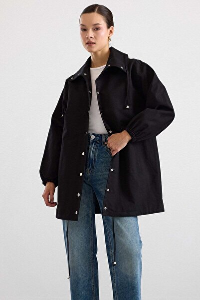 Olcay Stand Collar Snap Closure Casual Trench Coat Black 6917