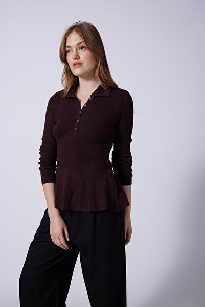 Nisan Polo Collar Ruffled Tricot Sweater Brown